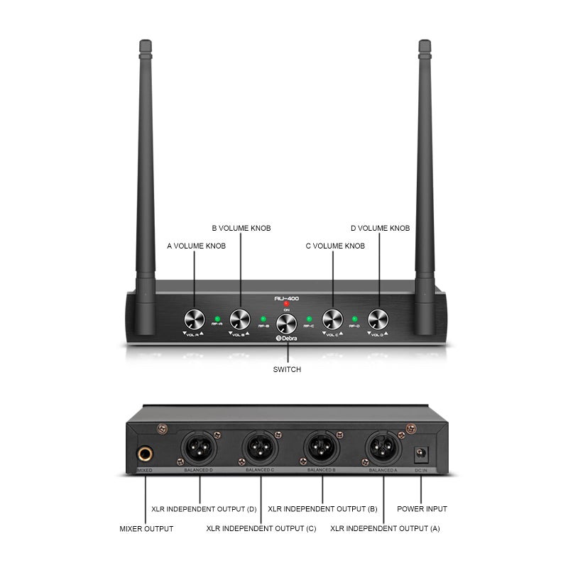 D Debra Audio AU400 Pro UHF 4 Channel Wireless Microphone System with Cordless Handheld Lavalier Headset Mics, Metal Receiver, Ideal for Karaoke Church Party (with 4 Bodypack (B)) - Image 5